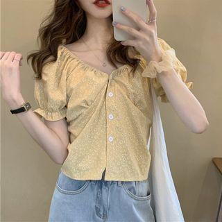 Short-sleeve Floral Chiffon Buttoned Top