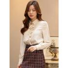 Bishop-sleeve Frill-trim Pintuck Blouse Beige - One Size