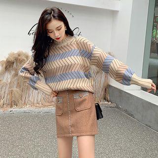 Mock-neck Patterned Sweater / Mini A-line Skirt