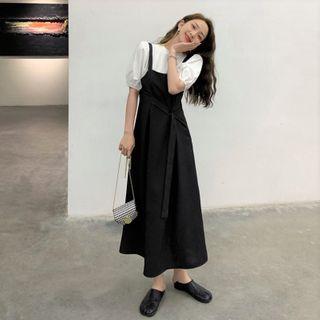 Puff-sleeve Top / Midi A-line Overall Dress