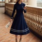 Long-sleeve Knit A-line Dress Sapphire Blue - One Size