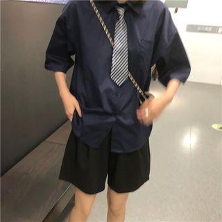 Plain Elbow Sleeve Shirt With Neck Tie / Plain Shorts