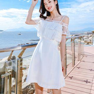 Short-sleeve Cold Shoulder Lace Panel A-line Dress