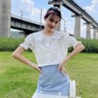 Short-sleeve Flower Embroidered Lace Trim Shirt
