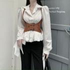Long-sleeve Collared Blouse / Faux Leather Underbust Corset Top