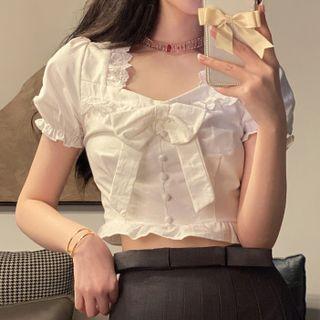 Short Sleeve Bow Detail Ruffled Crop Blouse