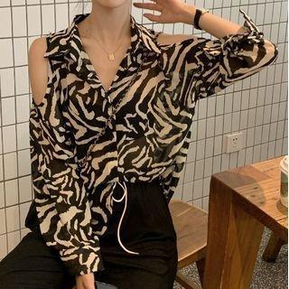 Cold Shoulder Zebra Print Shirt