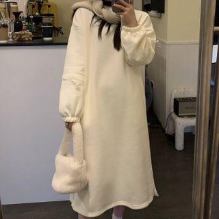 Round Neck Plain Loose Fit Sweatshirt Dress Off-white - One Size