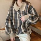 Oversized Lapel Plaid Long-sleeve Sweater Almond - One Size