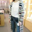Stripe Cable-knit Open-front Long Cardigan