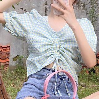 Drawstring Plaid Puff Sleeve Top