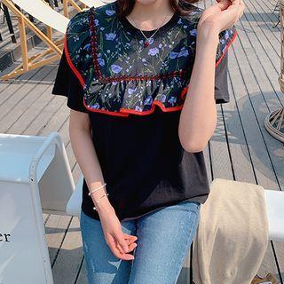 Floral Print Frill-trim Top Black - One Size