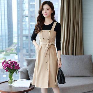 Set: Striped Double Breasted Pinafore Dress + Long Sleeve T-shirt
