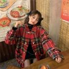 Plaid Woolen Toggle Coat Red - One Size