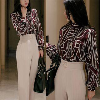 Set: Print Long-sleeve Blouse + High-waist Straight-leg Dress Pants