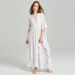 Elbow-sleeve Frill-trim Maxi Dress