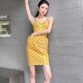 Spaghetti Strap Plaid Zip-up Mini Dress