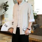 3/4-sleeve Crane Embroidered Mandarin Collar Shirt