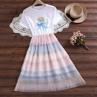 Short-sleeve Mesh Panel Layered Midi A-line Dress