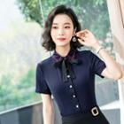 Short-sleeve Embroidered Chiffon Shirt / Pencil Skirt