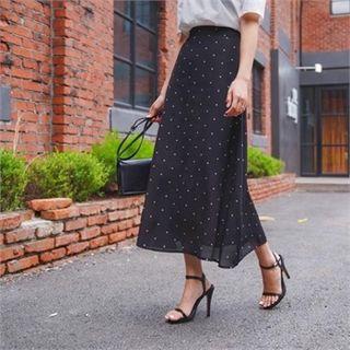 Polka-dot Chiffon Long Flare Skirt Black - One Size