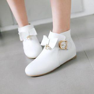 Faux Leather Bow Hidden Wedge Ankle Boots