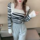 Square-neck Zebra Print Knit Top Stripes - Black & White - One Size