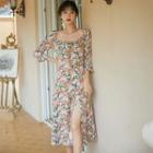 Floral 3/4-sleeve Slit Midi A-line Dress