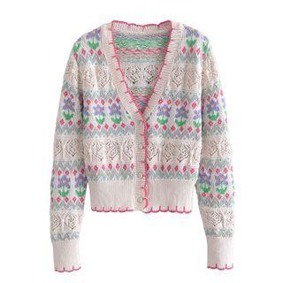 Floral Print Pointelle Knit Cardigan