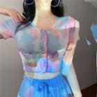 Short-sleeve Tie-dye Button T-shirt Pink & Blue - One Size