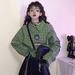 Applique Plaid Cropped Long-sleeve Shirt