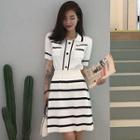 Set: Contrast Trim Short-sleeve Knit Top + A-line Skirt As Shown In Figure - One Size