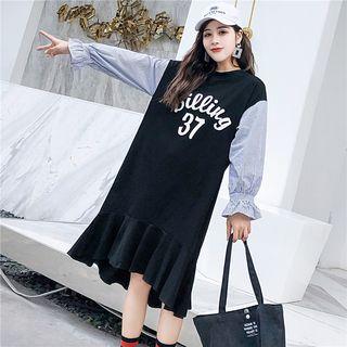 Mock Two-piece Lettering Ruffle Hem Midi Pullover Dress