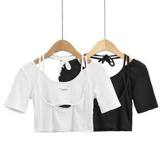 Mock Two-piece Short-sleeve Halter Cutout Crop Top
