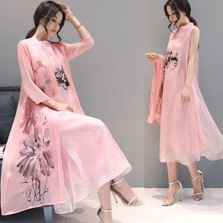 Set: Embroidered Sleeveless Dress + Printed Open-front Jacket