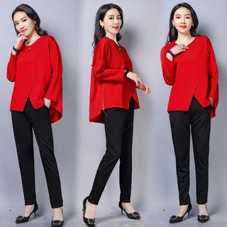 Set: Long-sleeve Asymmetric Top + Slim Fit Pants