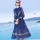 Embroidered Lace Long-sleeve Midi A-line Dress