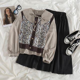 Long-sleeve Tie-neck Blouse / Sweater Vest / Midi A-line Skirt