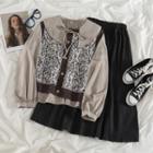 Long-sleeve Tie-neck Blouse / Sweater Vest / Midi A-line Skirt