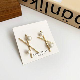 Faux Pearl Alloy Cross Earring 1 Pair - One Size
