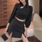 Long-sleeve Butterfly Embellished Crop Top / Fitted Mini Skirt