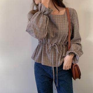 Square-neck Plaid Peplum Blouse Beige - One Size