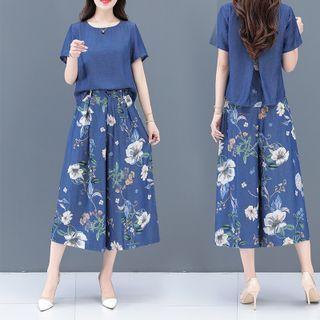 Set: Elbow-sleeve Top + Flower Print Wide-leg Pants