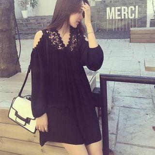 Lace Panel Long-sleeve Cold-shoulder Chiffon Dress