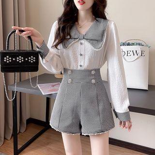 Houndstooth Panel Blouse / High Waist Shorts