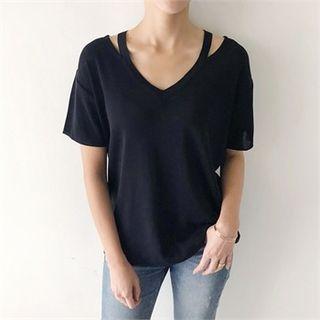 Cutout V-neck Short-sleeve Knit Top