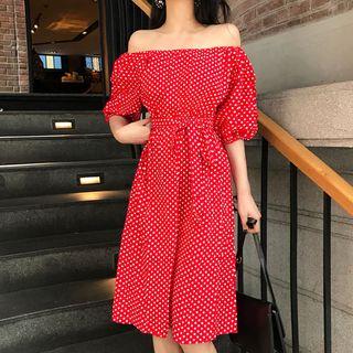 Off-shoulder Dotted Elbow-sleeve A-line Dress
