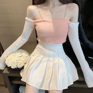 Set: Color-block Knit Top + Pleated Skirt