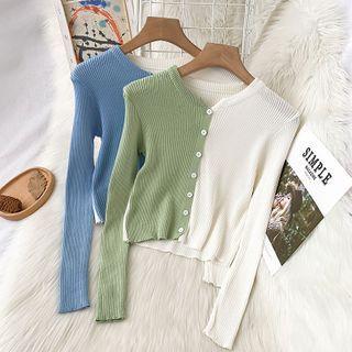 Long-sleeve Two-tone Button-up Knit Top