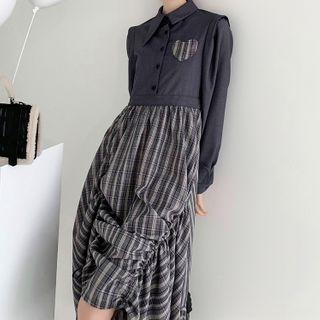 Long-sleeve Mock Two-piece Plaid Panel Midi Dress